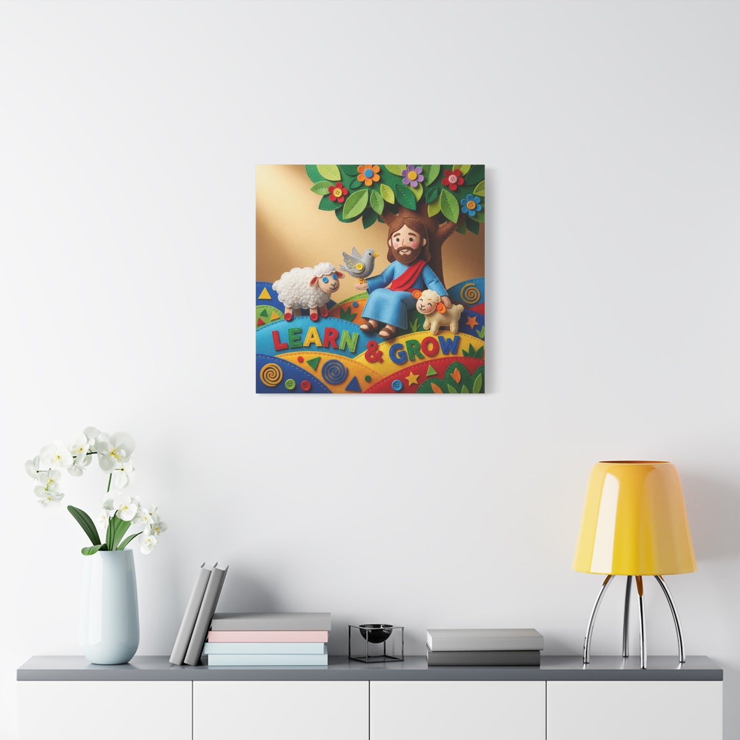 "Learn & Grow" Jesus Canvas Wall Art - Christian Nursery Decor, Lamb And Dove Under Tree - Colorful Felt Style Canvas Print - Kids Room Wall Hanging, Classroom Decoration - Ready to Hang
