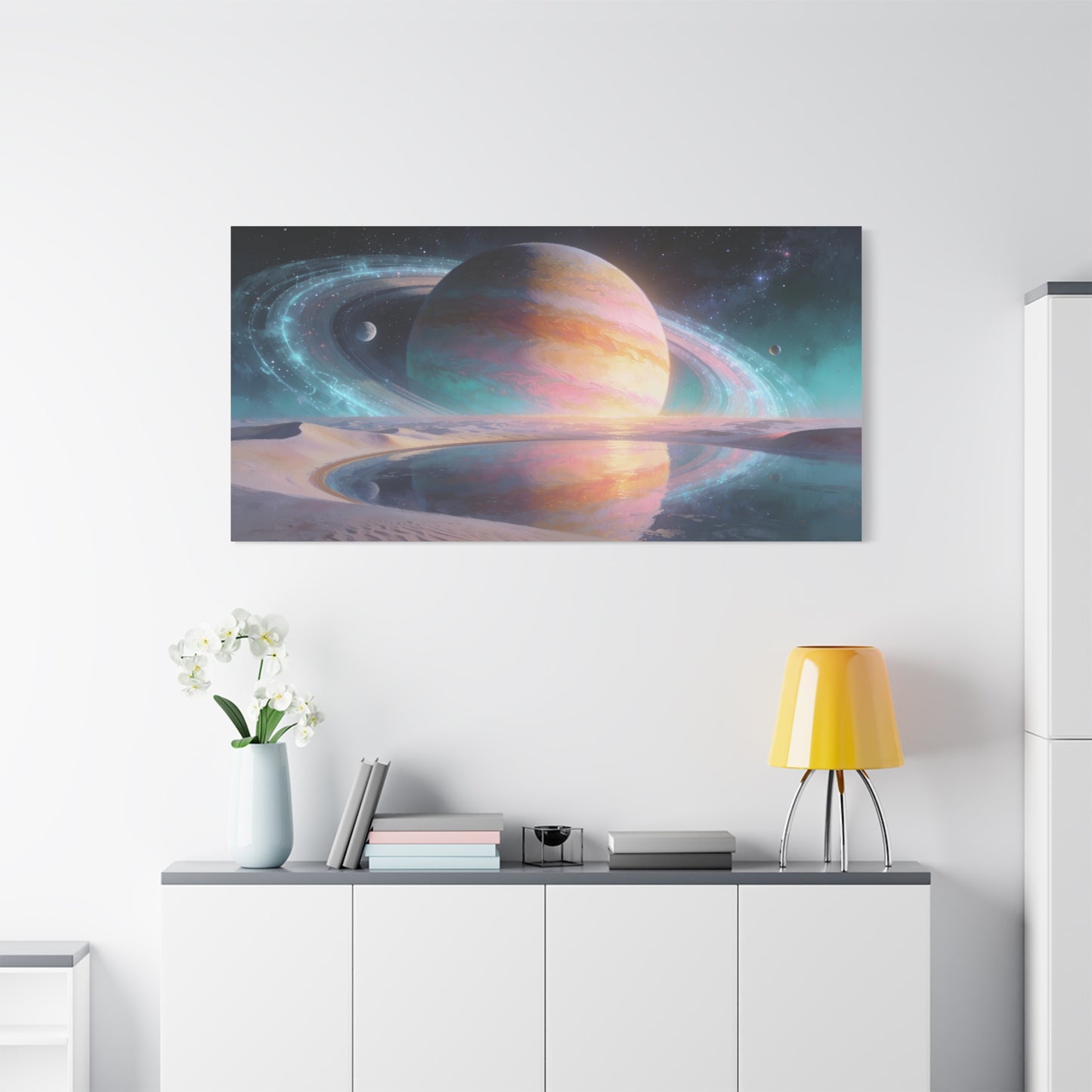 Ringed Planet Canvas Wall Art - Pastel Space Landscape, Celestial Desert Lake Reflection - Contemporary Surreal Canvas Print - Living Room Wall Decor, Bedroom Home Decoration - Bedroom Home Decoration