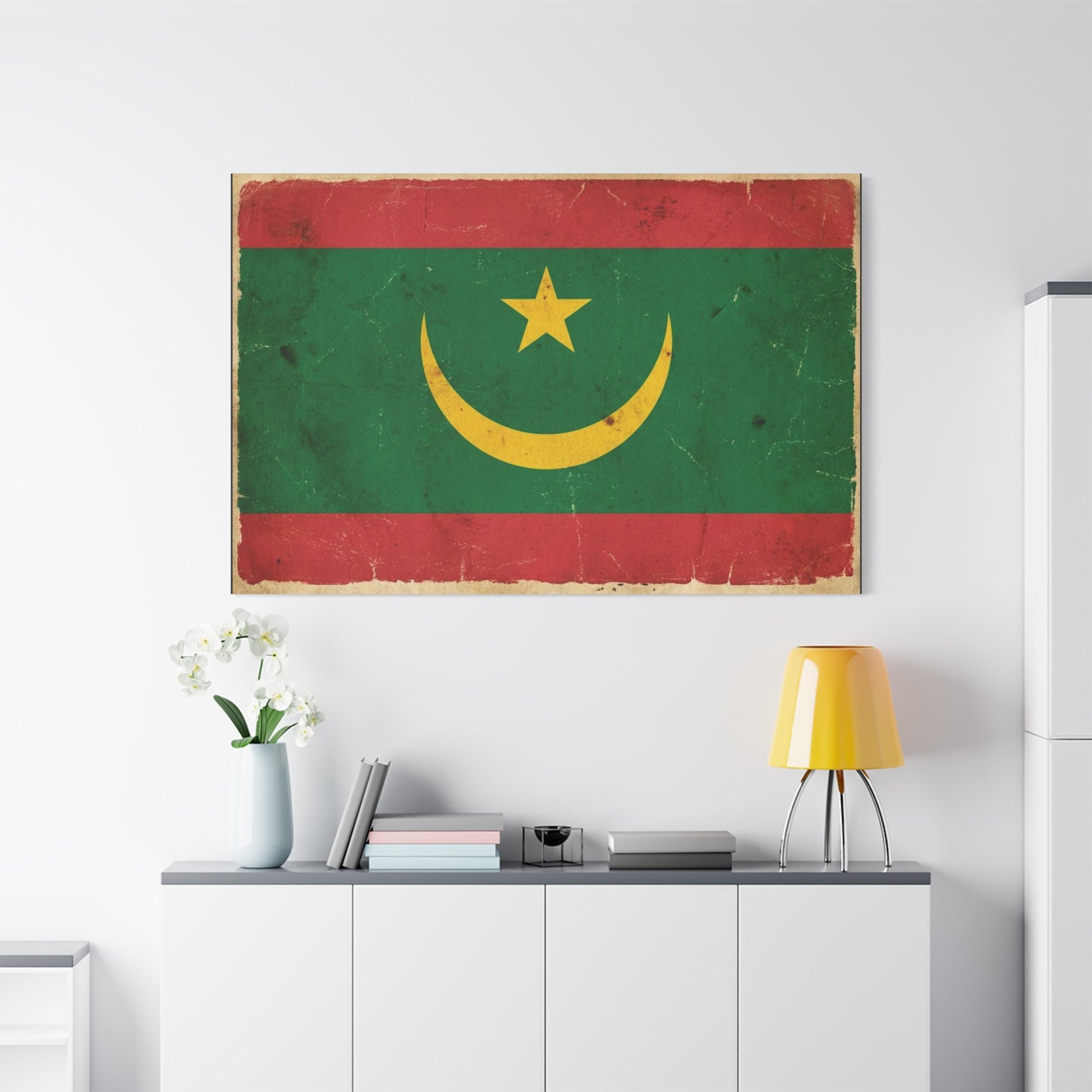 Mauritania Flag Canvas Wall Art - Vintage Crescent Star Country Print - Distressed Green Red Gold Design - Cultural Pride Decor For Living Room - Bedroom Home Decoration - Living Room Wall Decor