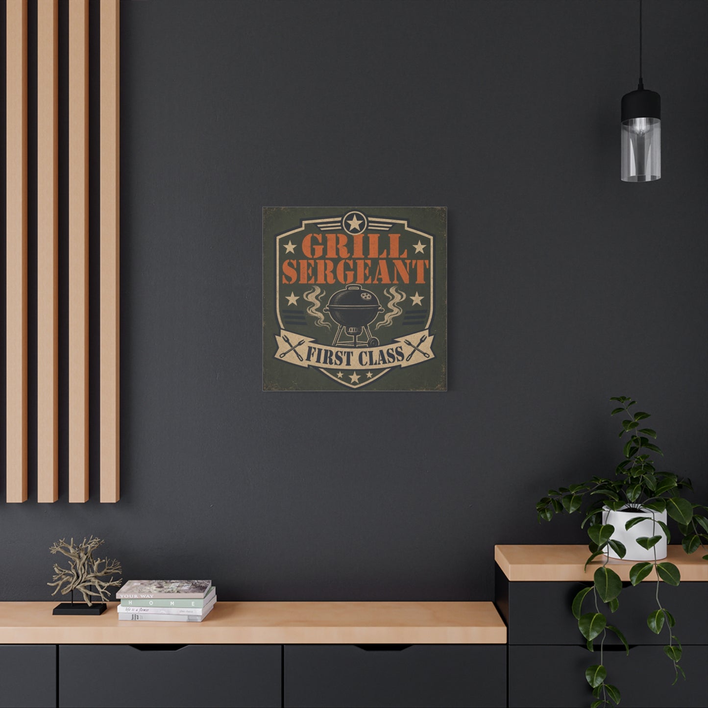 "Grill Sergeant First Class" BBQ Canvas Wall Art - Vintage Grill Badge Sign, Rustic Patriotic Kitchen Decor, Retro Barbecue Poster Style, Man Cave Wall Decor - Ready to Hang - Bedroom Home Decoration
