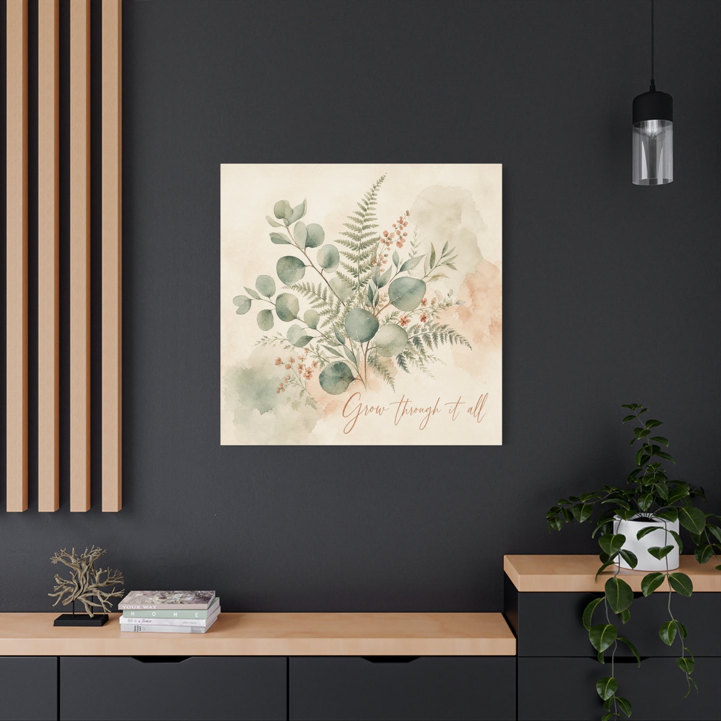 "Grow Through It All" Botanical Canvas Wall Art - Eucalyptus Fern Watercolor Quote Print, Sage Green Floral Home Decor - Modern Farmhouse Style, Bedroom Wall Hanging - Ready to Hang - Ready to Hang