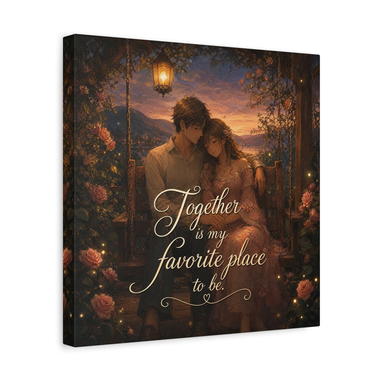 "Together Is My Favorite Place To Be" Romantic Couple Canvas Wall Art - Lantern Swing Sunset Lake Scene, Floral Garden Love Quote Print - Vintage Bedroom Decor - Office Wall Art - Ready to Hang