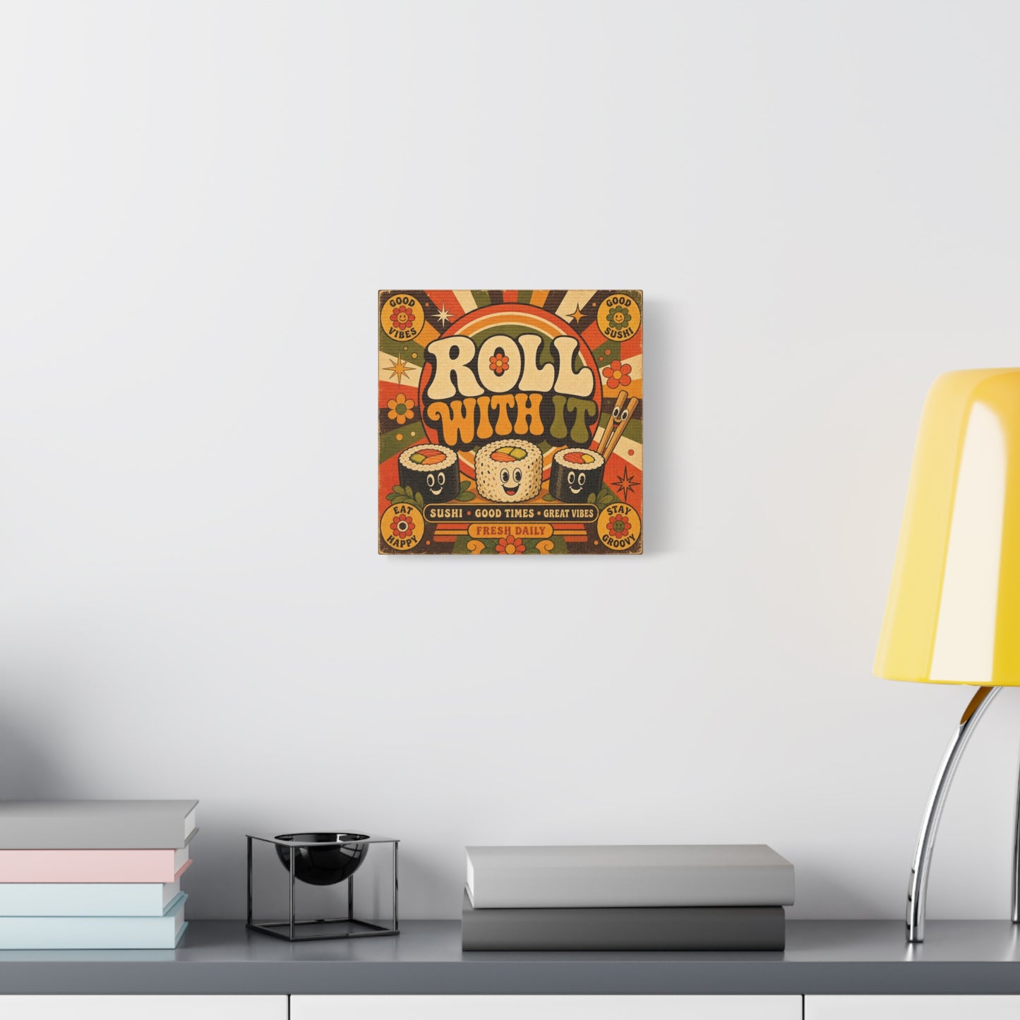 "Roll With It" Sushi Canvas Wall Art - Retro Typography Food Illustration, Groovy Orange Green Bohemian Print, Cafe Wall Decor, Kitchen Room Decoration, Vintage Poster Style - Bedroom Home Decoration