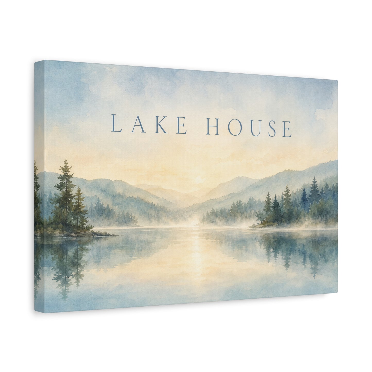 "Lake House" Canvas Wall Art - Misty Mountain Watercolor Landscape Print, Serene Cabin Decor, Rustic Retreat Wall Hanging, Bedroom Home Decoration, Entryway Accent, Vacation Rental Style