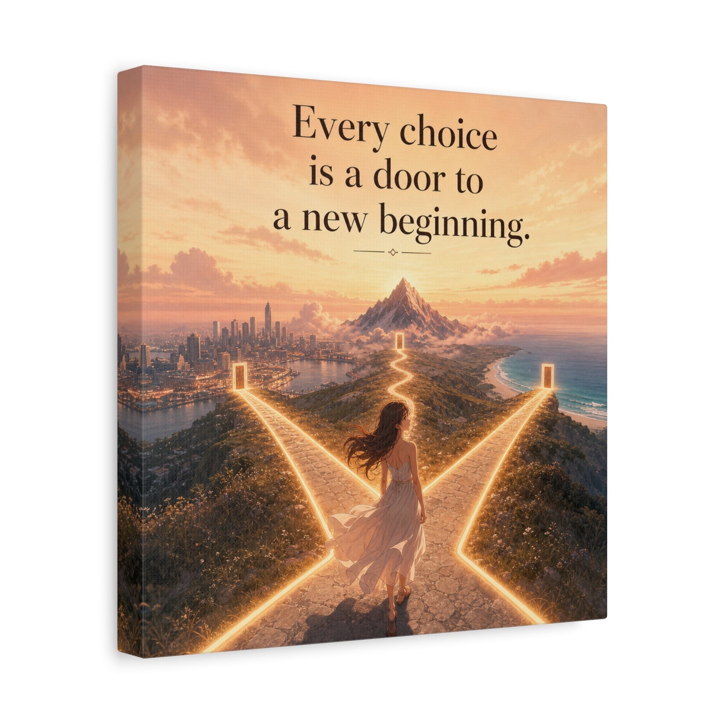 "Every Choice Is A Door To A New Beginning." Inspirational Canvas Wall Art - Woman At Glowing Crossroads Path, Mountain And Coast Dreamscape - Modern Typography Decor For Bedroom Office