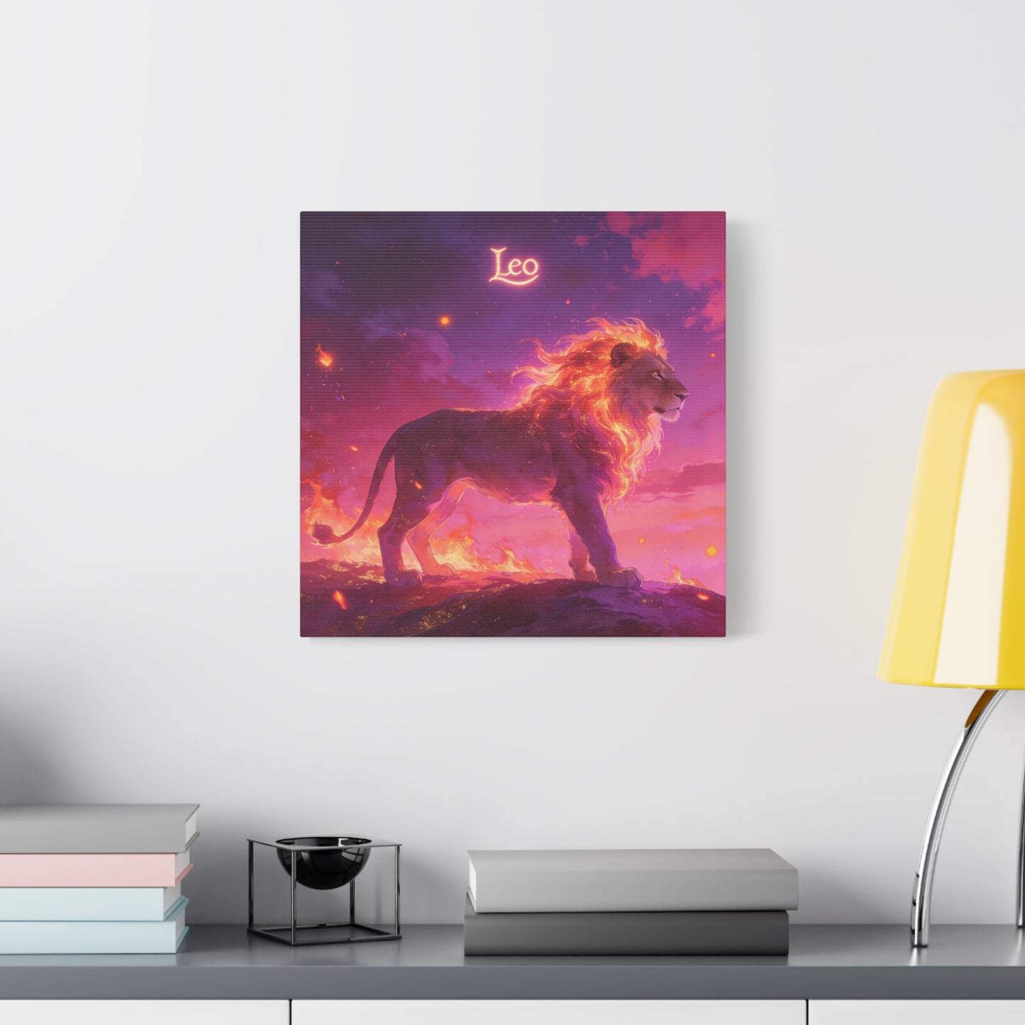 "Leo" Lion Canvas Wall Art - Fiery Zodiac Illustration, Purple Pink Sky, Matte Finish Canvas Print - Modern Astrology Decor, Bedroom Home Decoration, Office Wall Art Accent - Bedroom Home Decoration