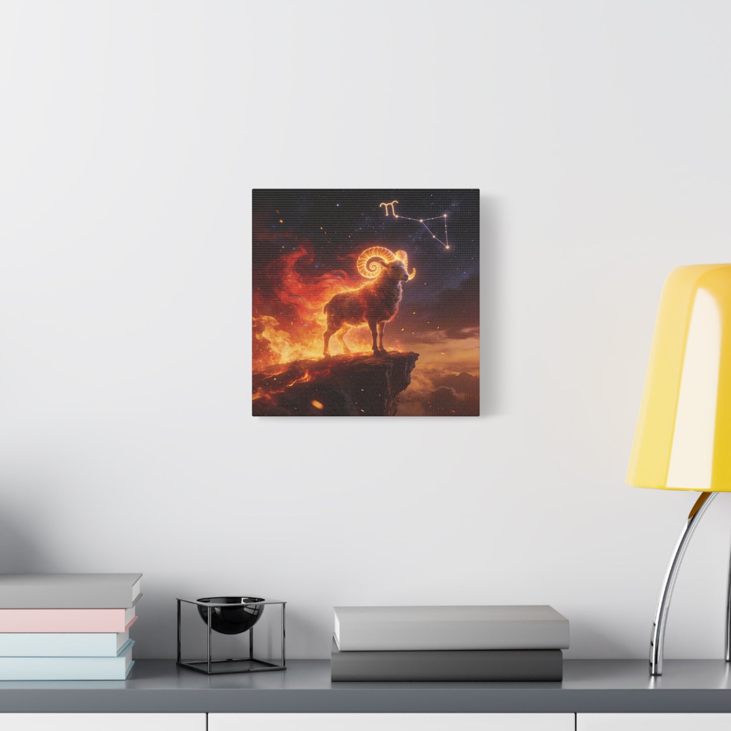 Aries Ram Canvas Wall Art - Fiery Zodiac Constellation Celestial Animal Print - Glowing Horns, Cosmic Night Sky - Contemporary Fantasy Style - Bedroom Home Decoration Office Wall Art - Ready to Hang