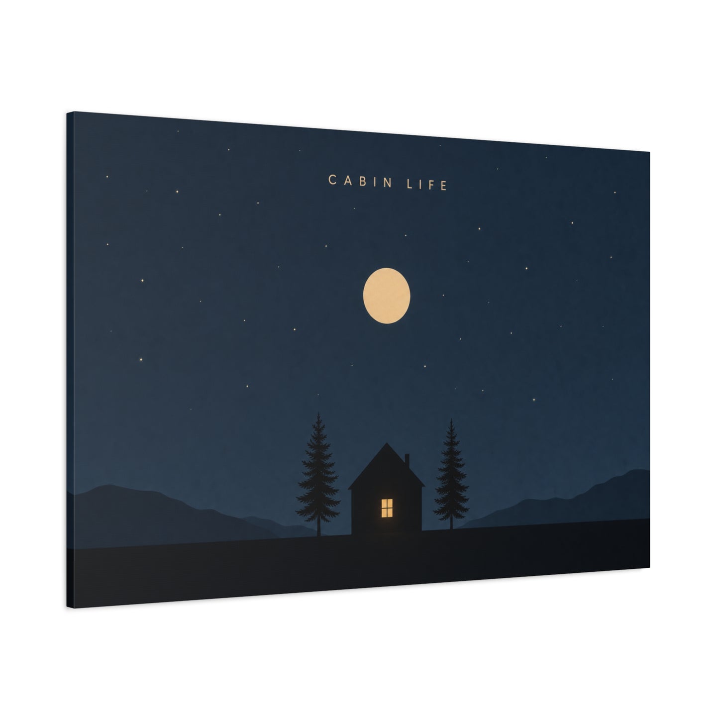 "Cabin Life" Moonlit Forest Canvas Wall Art - Minimalist Night Landscape Print - Rustic Lodge Decor, Bedroom Wall Accent, Living Room Decoration, Mountain Retreat Style - Bedroom Home Decoration