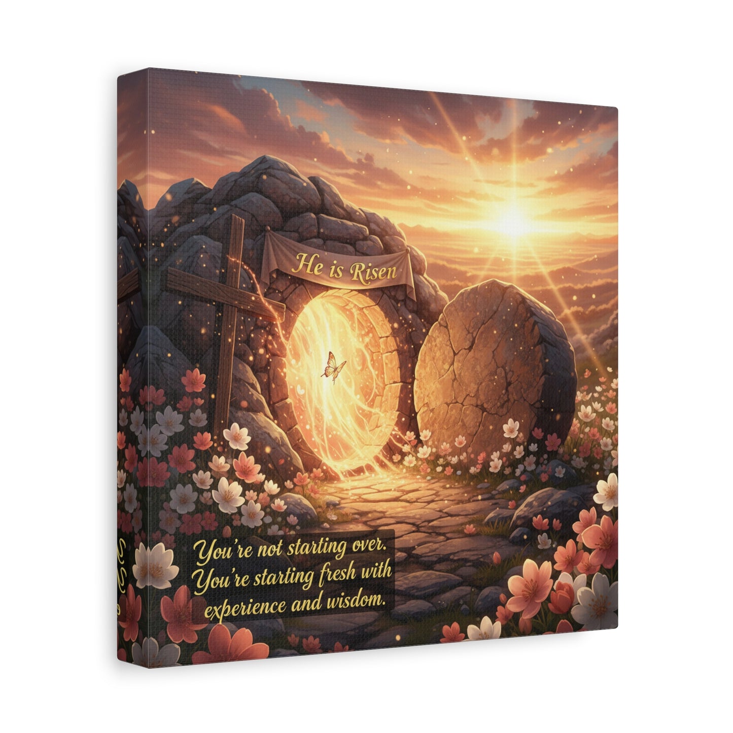 "He Is Risen" Christian Canvas Wall Art - Empty Tomb Cross Sunrise Scripture Print - Floral Faith Home Decoration - Modern Farmhouse Style