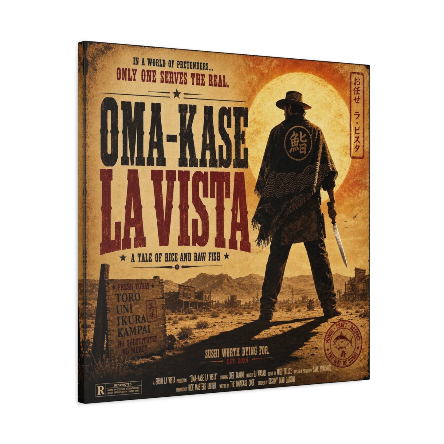 "In A World Of Pretenders... Only One Serves The Real. OMA-KASE LA VISTA" Canvas Wall Art - Vintage Western Sushi Poster, Typography Illustration, Rustic Office Decor, Cafe Accent Print