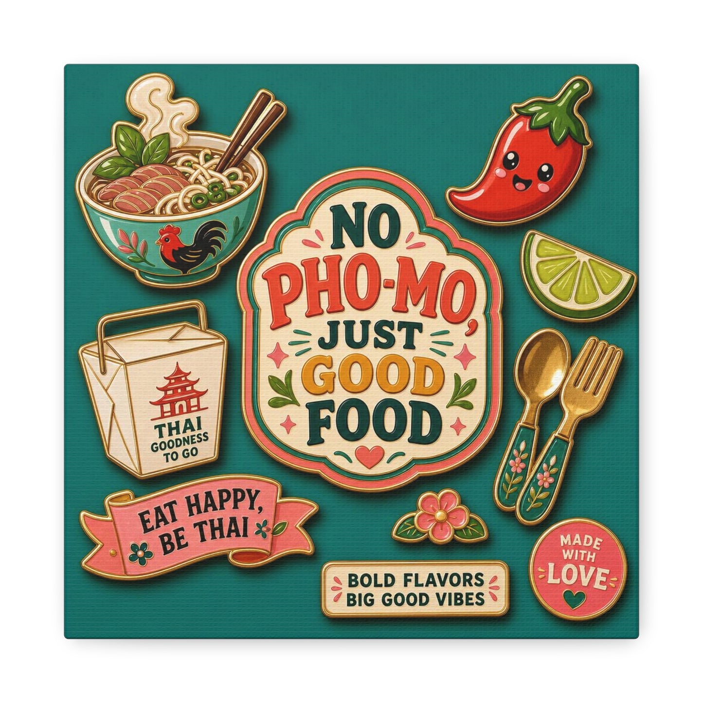 "No Pho-Mo Just Good Food" Canvas Wall Art - Thai Food Quote Kitchen Decor - Colorful Illustration Print, Retro Typography Style - Dining Room Accent, Cafe Wall Decor - Bedroom Home Decoration
