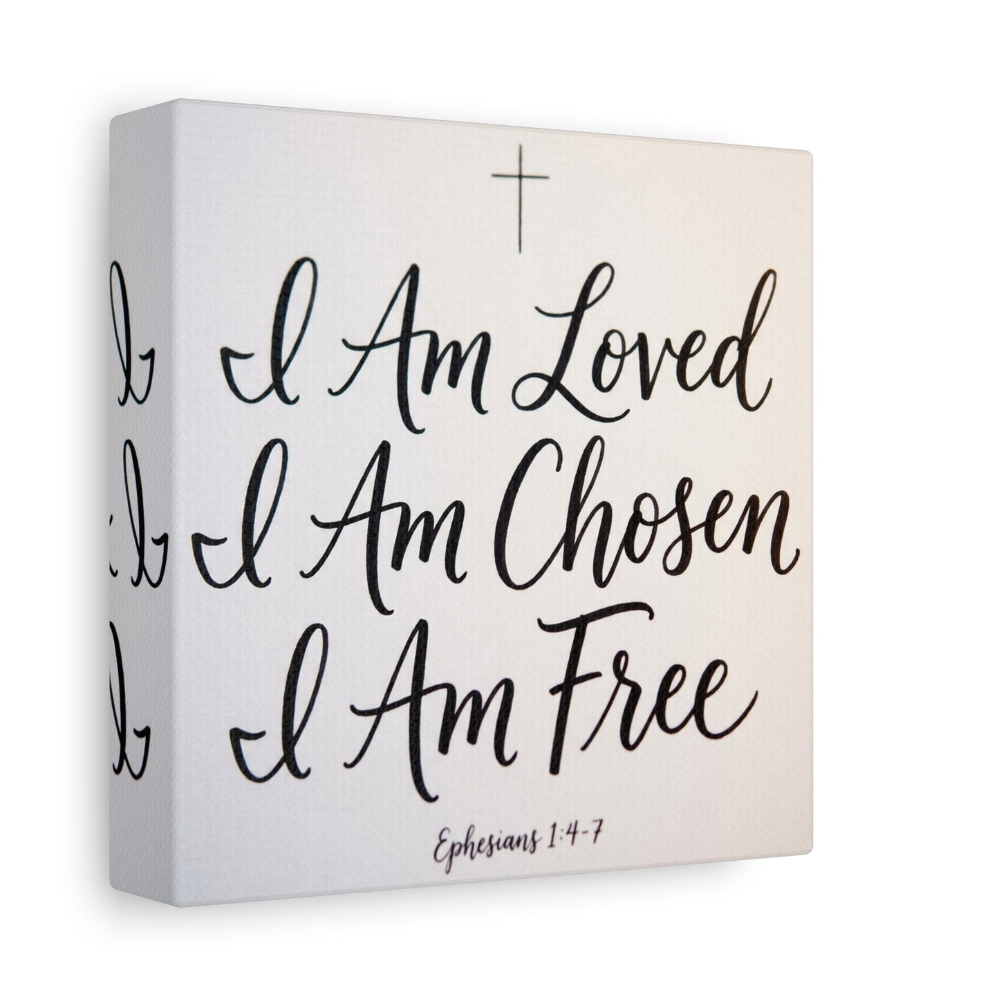 "I Am Loved, Chosen, Free" Christian Canvas Wall Art - Ephesians 1:4-7 Scripture Cross Print - Neutral Typography Decor - Bedroom Home Decoration, Living Room Wall Decor - Ready to Hang