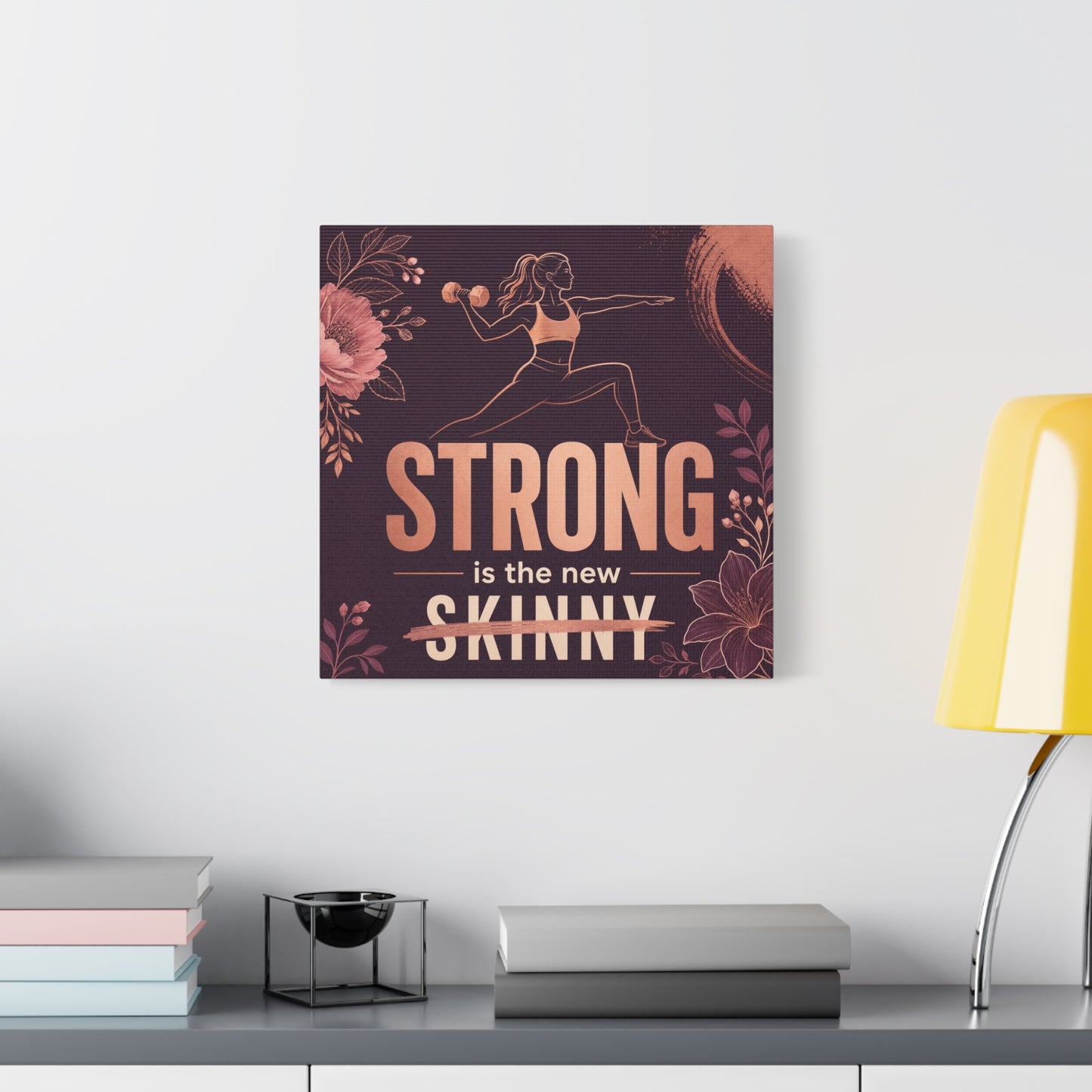 "Strong Is The New Skinny" Fitness Canvas Wall Art - Woman With Dumbbell Floral Quote Print - Rose Gold Motivational Decor - Modern Bedroom Wall Decor - Bedroom Home Decoration - Cozy Reading Nook Art