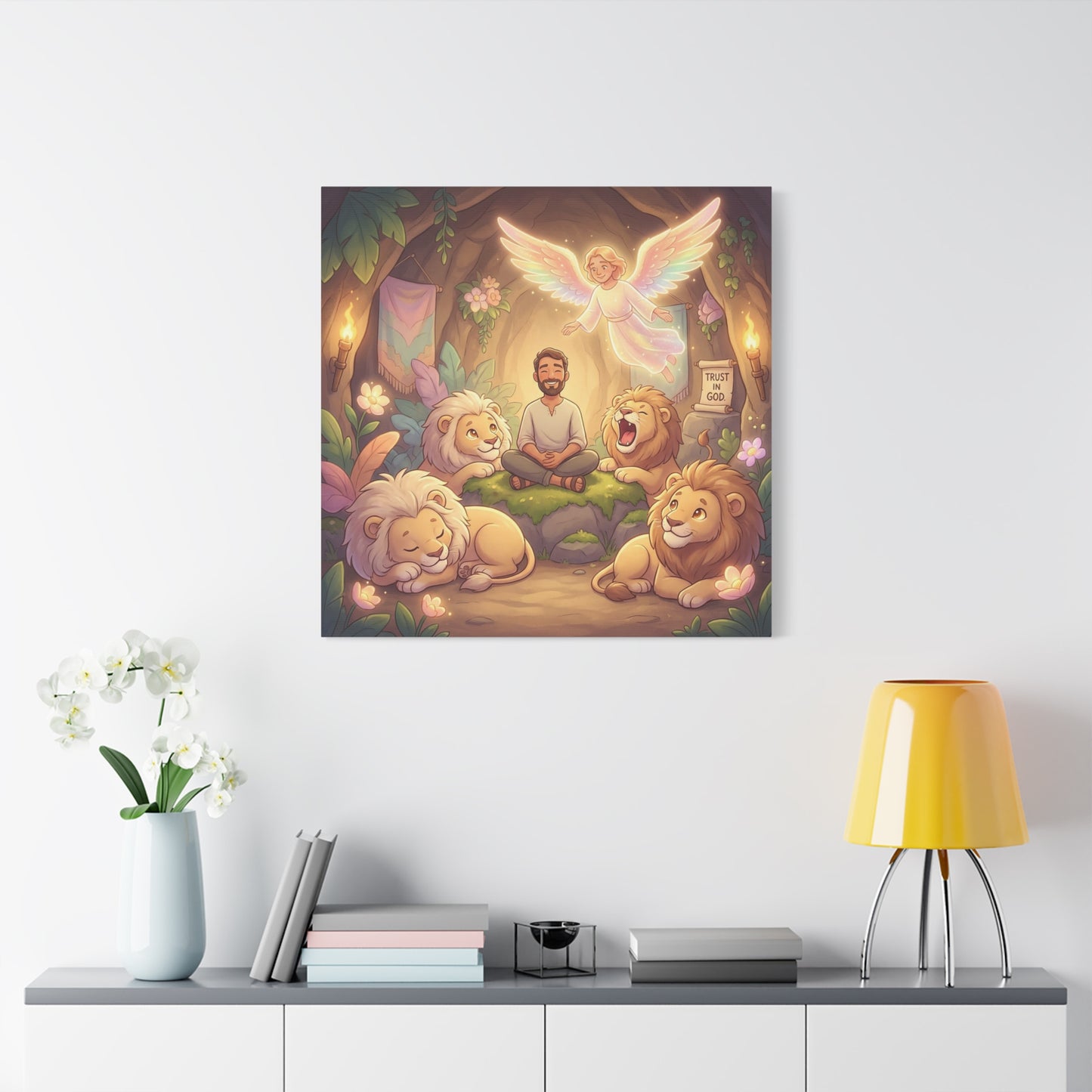 "Trust In God" Christian Canvas Wall Art - Angel, Man With Lions Cave Scene - Pastel Nursery Decor, Matte Cotton Print - Kids Bedroom Wall Decor, Playroom Home Decoration - Ready to Hang