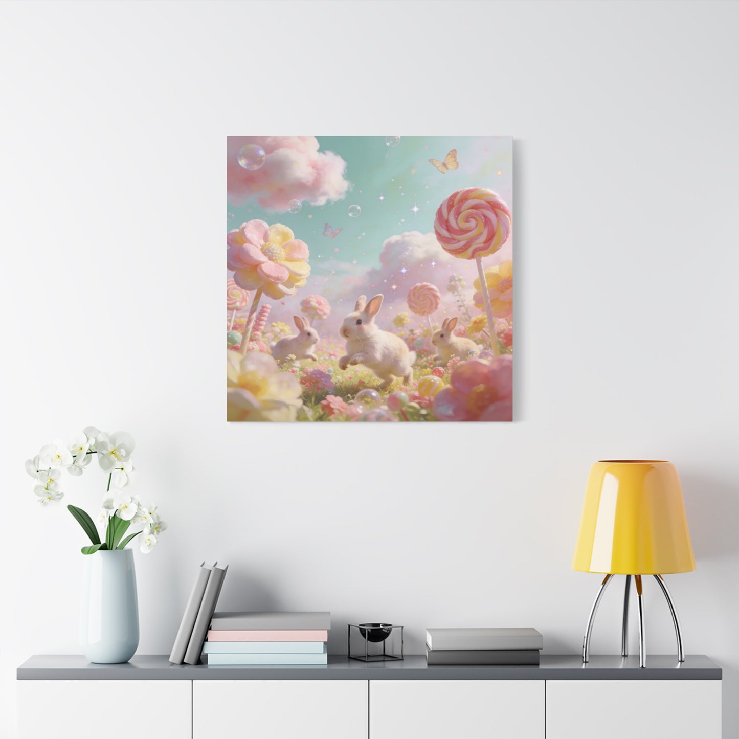 Bunny Candyland Canvas Wall Art - Pastel Rabbit Meadow, Lollipop Flowers, Dreamy Nursery Wall Decor - Whimsical Illustration - Bedroom Home Decoration, Kids Room Accent - Bedroom Home Decoration