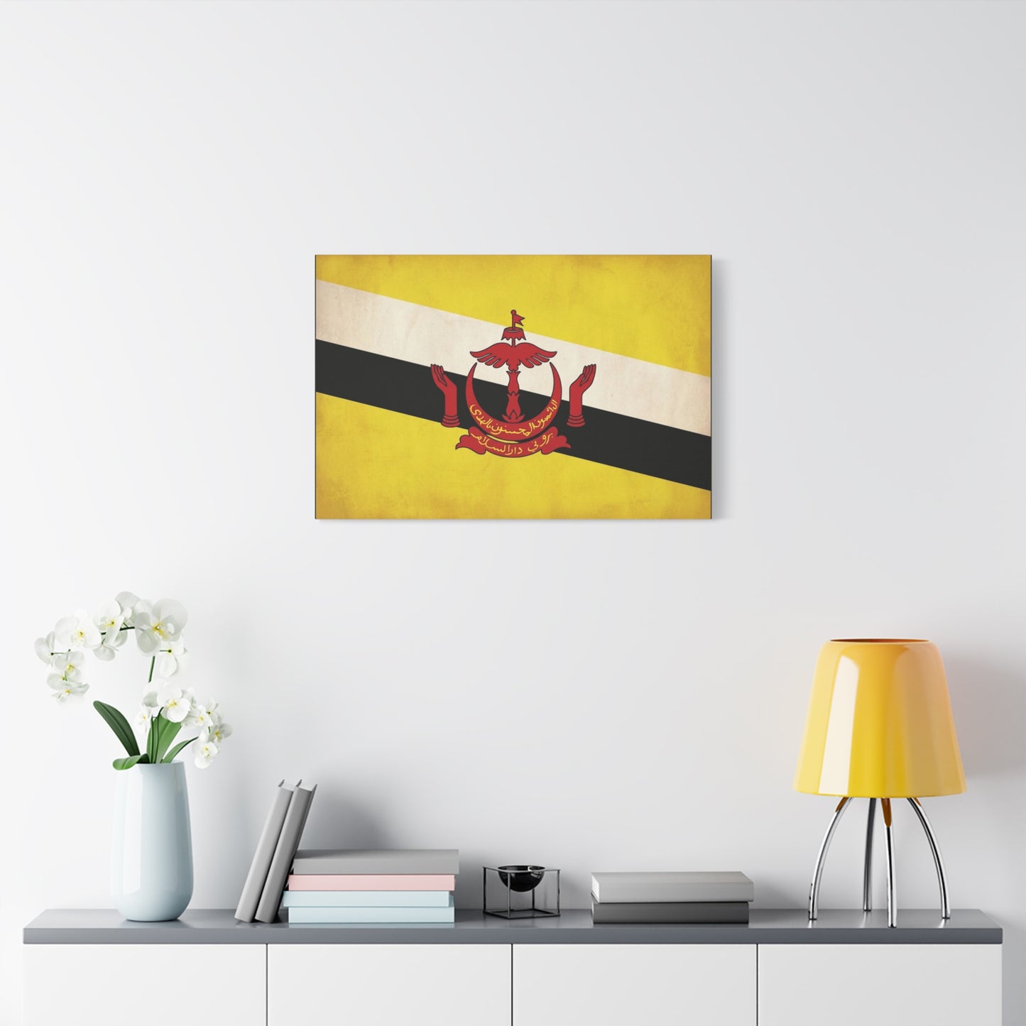 Brunei Flag Canvas Wall Art - Yellow White Black Banner, Red Crest Print - Vintage Patriotic Decor - Living Room Wall Decor, Bedroom Home Decoration - Bedroom Home Decoration - Modern Farmhouse Style