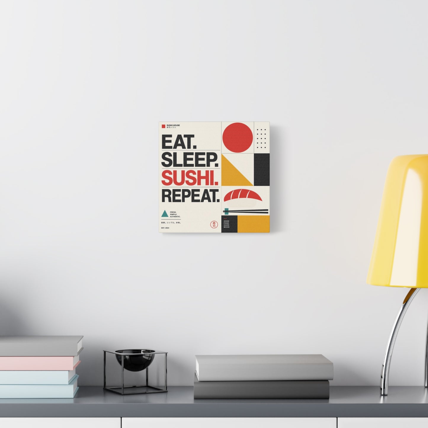 "Eat. Sleep. Sushi. Repeat." Sushi Canvas Wall Art - Japanese Typography Print, Geometric Food Poster Design - Modern Minimalist Cotton Canvas - Cafe Decor, Kitchen Accent, Dining Room Artwork