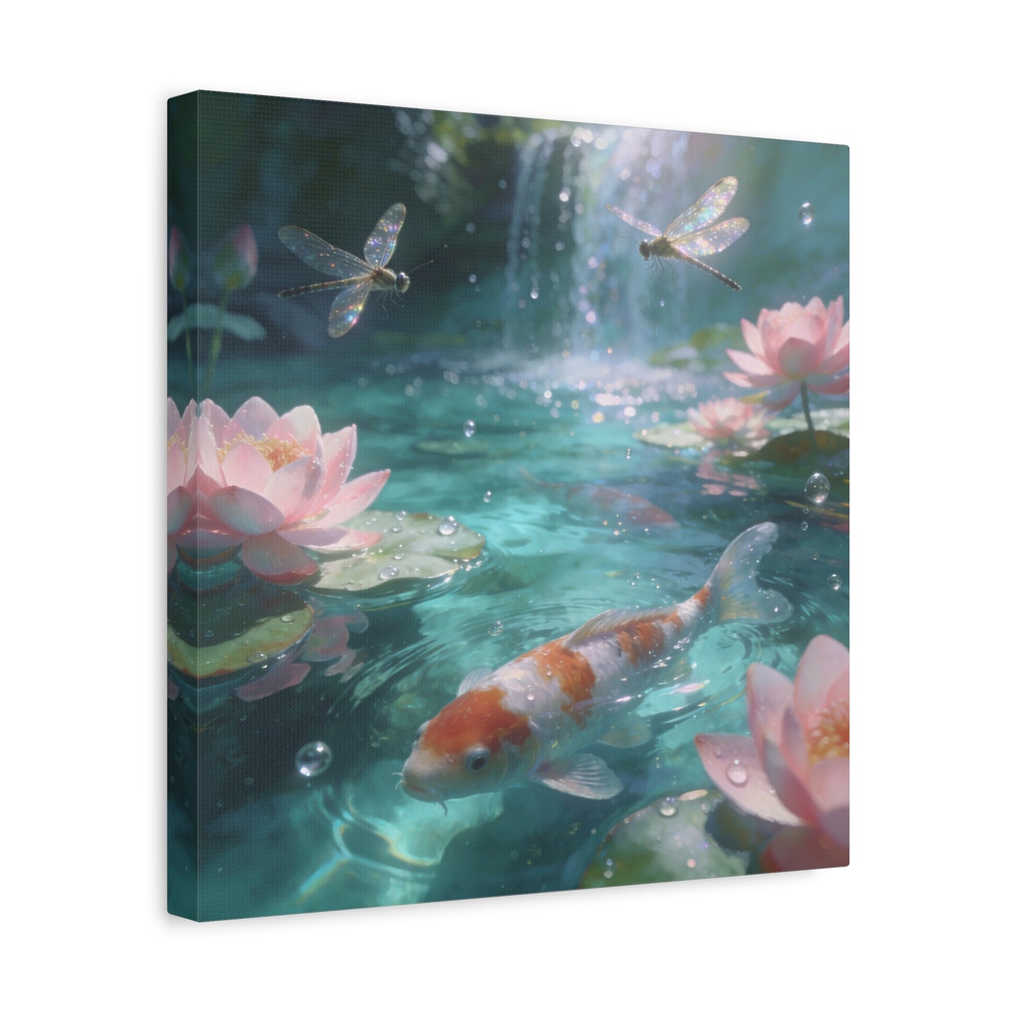Koi Fish Lotus Canvas Wall Art - Dragonflies Over Teal Pond Water, Pink Water Lily Floral Scene - Dreamy Matte Canvas Print - Bedroom Wall Decor, Living Room Home Accent - Bedroom Home Decoration