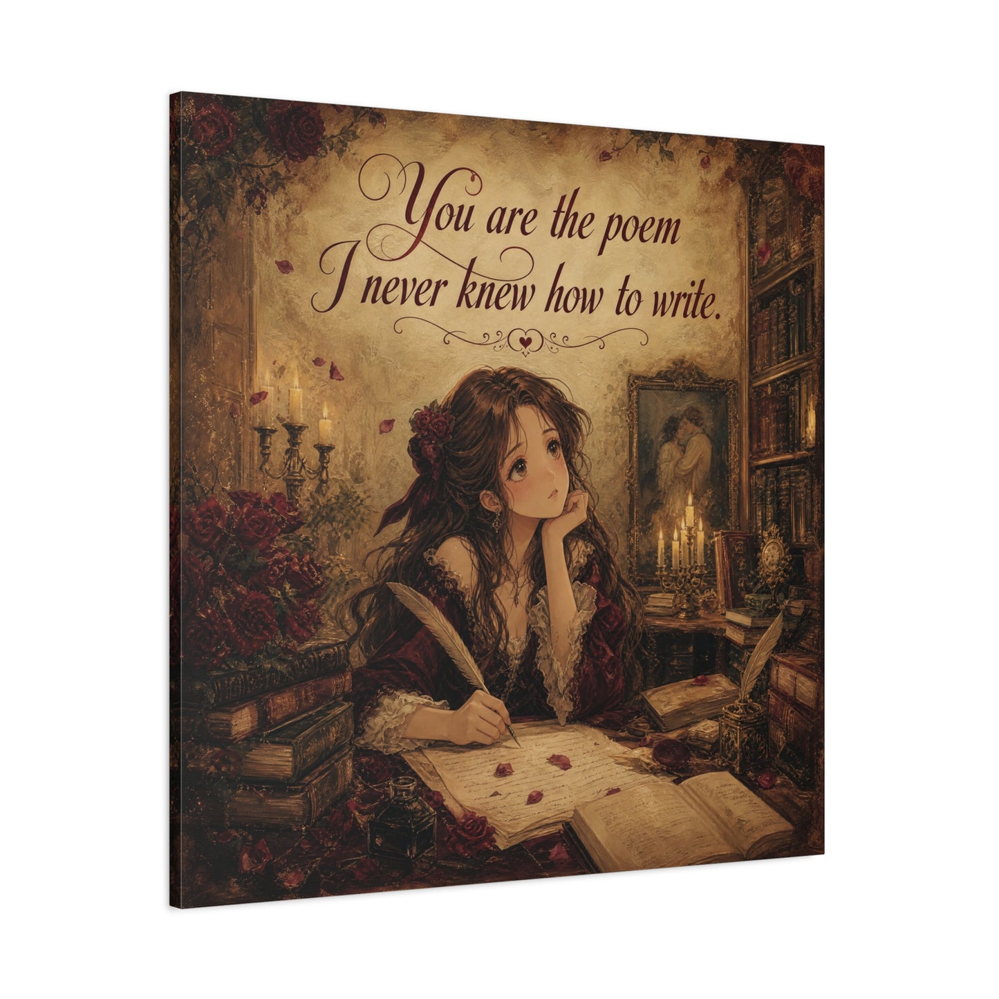 "You Are The Poem I Never Knew How To Write" Quote Canvas Wall Art - Romantic Gothic Library Girl Illustration - Vintage Brown Decor - Bedroom Wall Hanging, Teenager Room Decor - Ready to Hang
