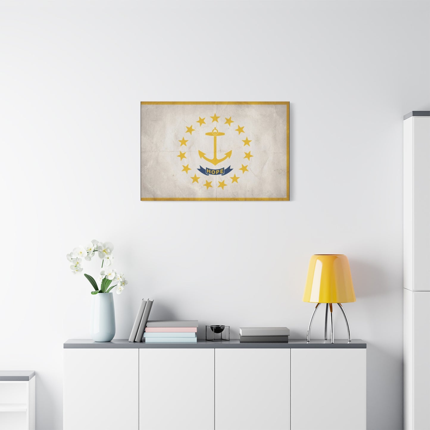 "HOPE" Rhode Island Flag Canvas Wall Art - Anchor And Stars State Print, Vintage Nautical Decor - Minimalist Gold Blue Design - Living Room Wall Decor - Bedroom Home Decoration - Cozy Reading Nook Art