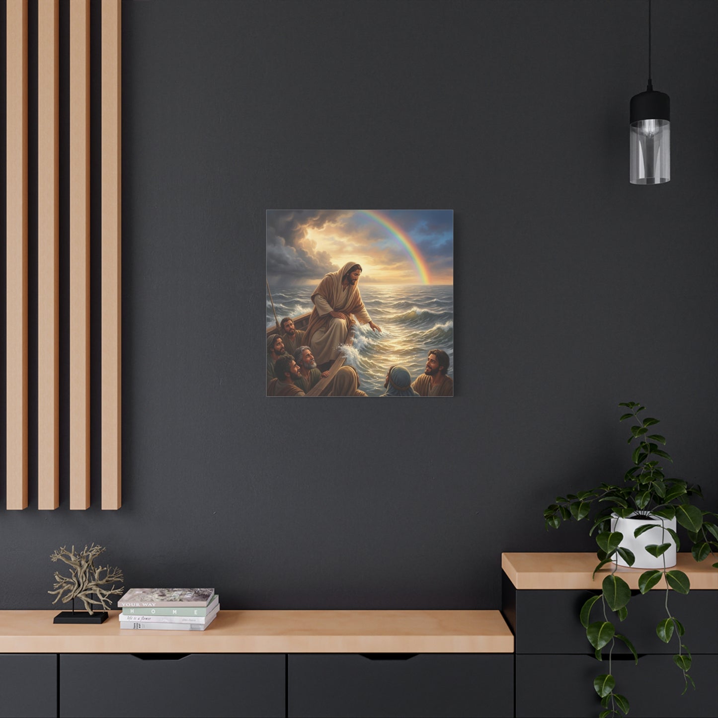 Jesus Christ Walking On Water Canvas Wall Art - Rainbow Over Stormy Sea, Disciples In Boat - Matte Cotton Print - Traditional Religious Style - Living Room Wall Decor - Bedroom Home Decoration