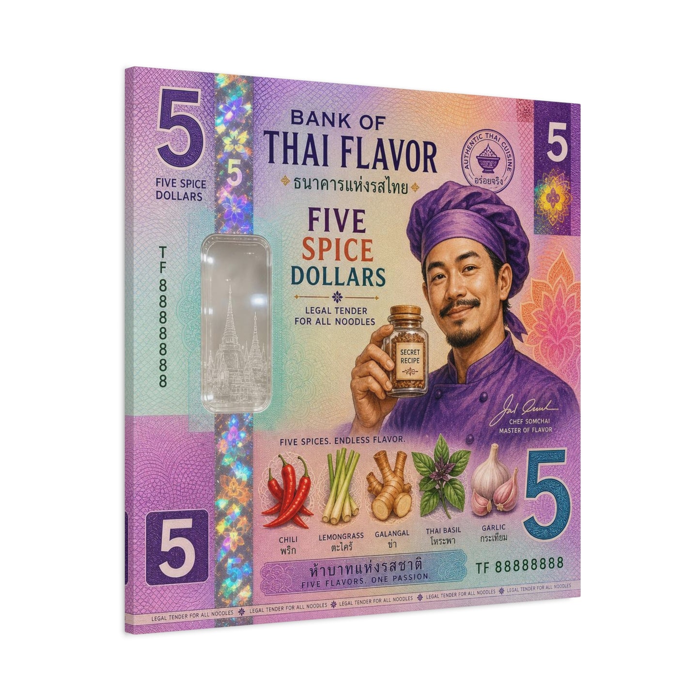 "Bank Of Thai Flavor" Thai Chef Canvas Wall Art - Five Spice Dollars Food Illustration, Colorful Typography Print, Eclectic Kitchen Decor, Cafe Wall Decor, Restaurant Wall Accent - Ready to Hang