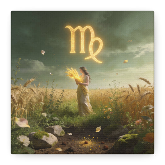 Virgo Zodiac Canvas Wall Art - Glowing Virgo Symbol, Woman In Wheat Field - Mystical Celestial Illustration, Matte Canvas Print - Bedroom Wall Decor, Meditation Space Accent - Bedroom Home Decoration