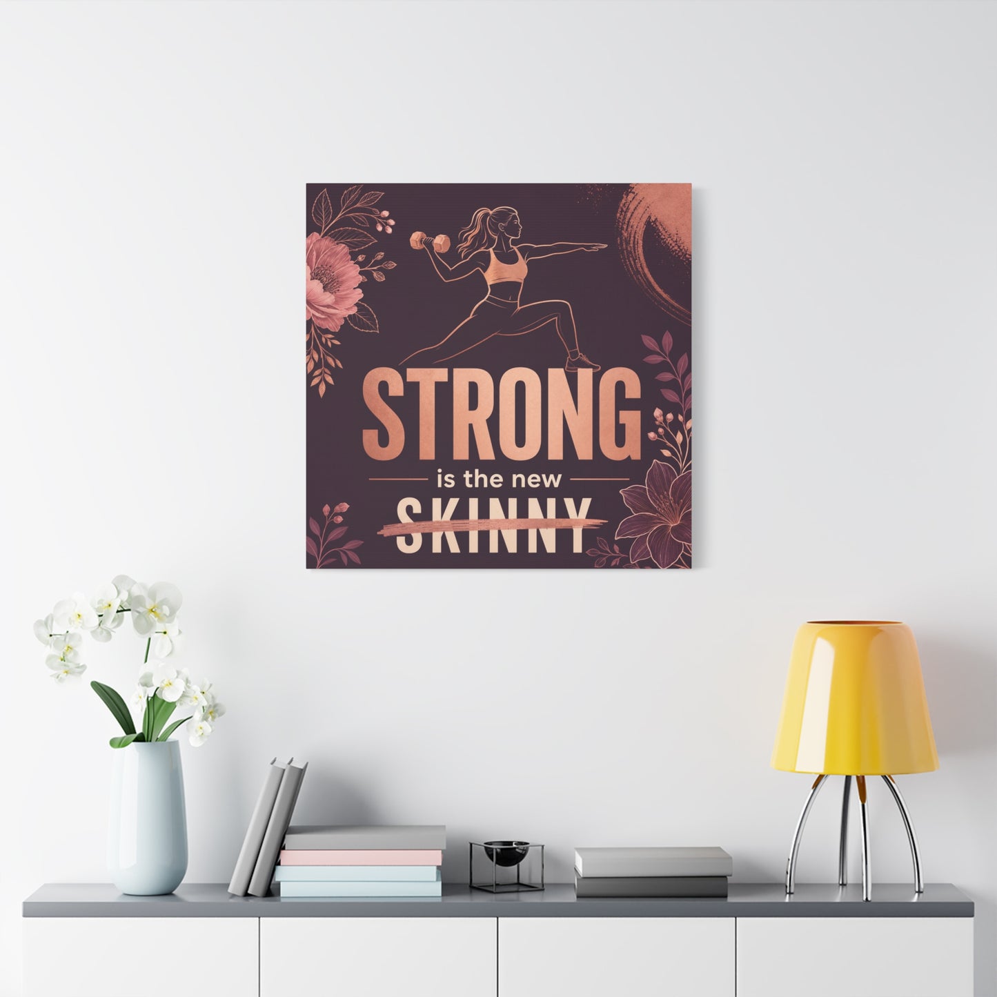 "Strong Is The New Skinny" Fitness Canvas Wall Art - Woman With Dumbbell Floral Quote Print - Rose Gold Motivational Decor - Modern Bedroom Wall Decor - Bedroom Home Decoration - Cozy Reading Nook Art