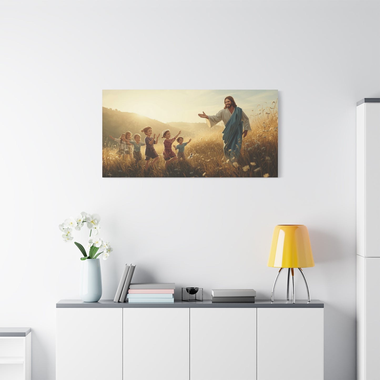 Jesus Christ With Children Canvas Wall Art - Golden Meadow Christian Print - Matte Cotton Ready to Hang - Traditional Religious Decor for Living Room, Bedroom, Nursery, Office - Living Room Wall Decor