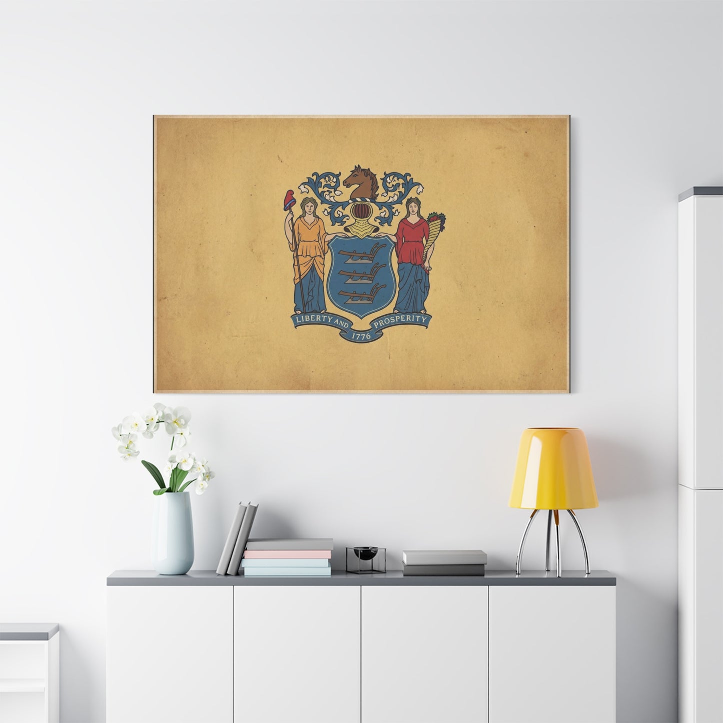 "Liberty And Prosperity 1776" New Jersey State Flag Canvas Wall Art - Vintage Tan Crest Banner Print, Patriotic Heritage Decor - Office Wall Art