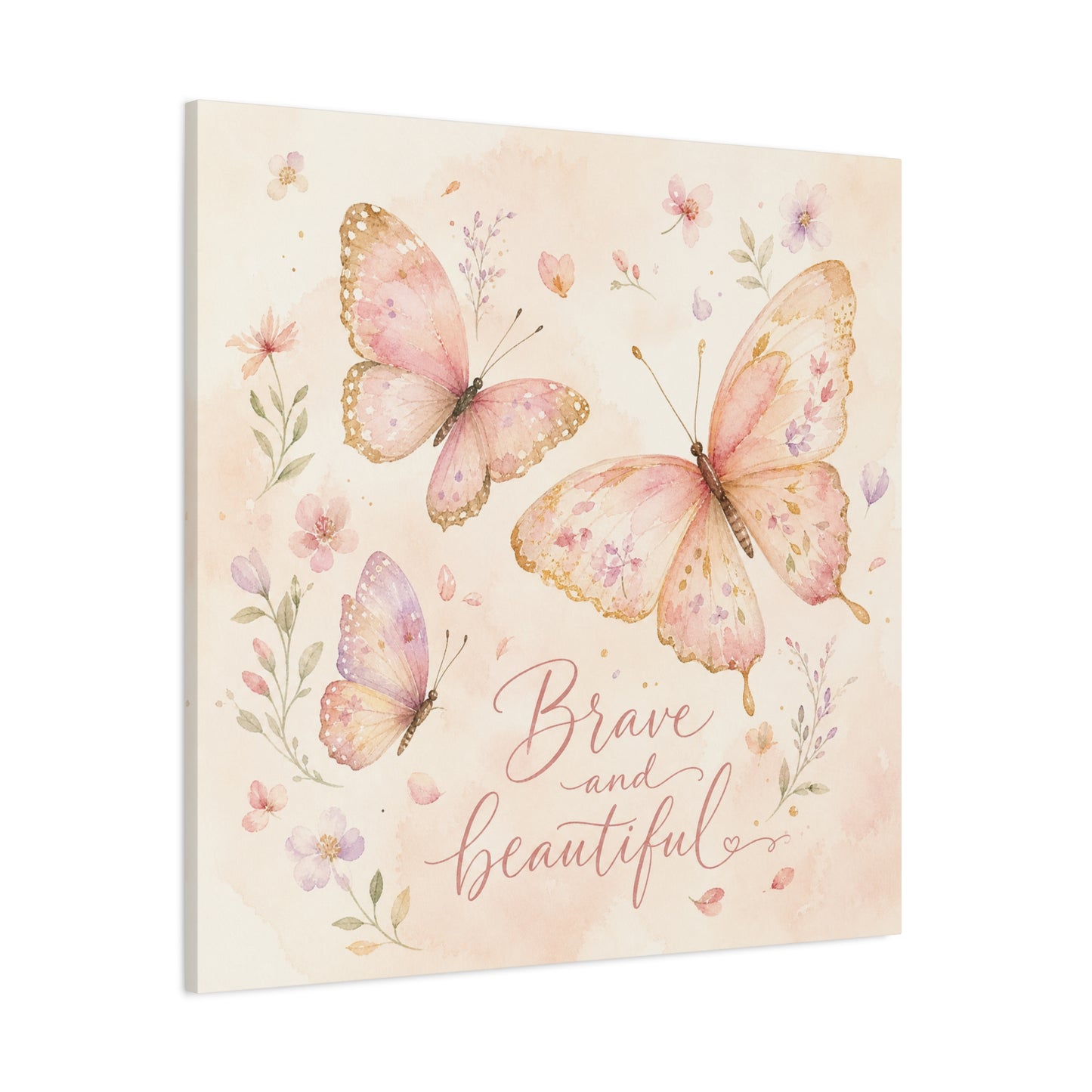 "Brave And Beautiful" Butterfly Canvas Wall Art - Pink Floral Watercolor Quote Print - Inspirational Girls Bedroom Decor - Nursery Wall Hanging - Bedroom Home Decoration - Modern Farmhouse Style