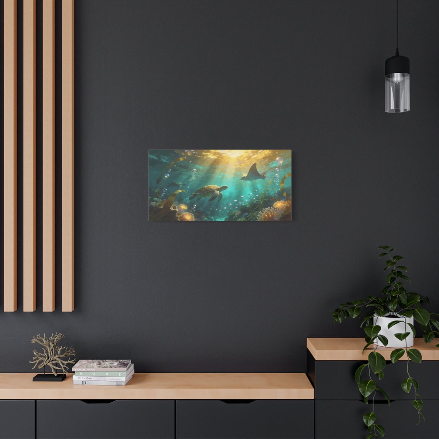 Sea Turtle And Stingray Canvas Wall Art - Sunlit Underwater Ocean Scene, Coral Reef Marine Life, Matte Cotton Print - Coastal Style, Living Room Wall Decor, Bedroom Home Decoration - Ready to Hang