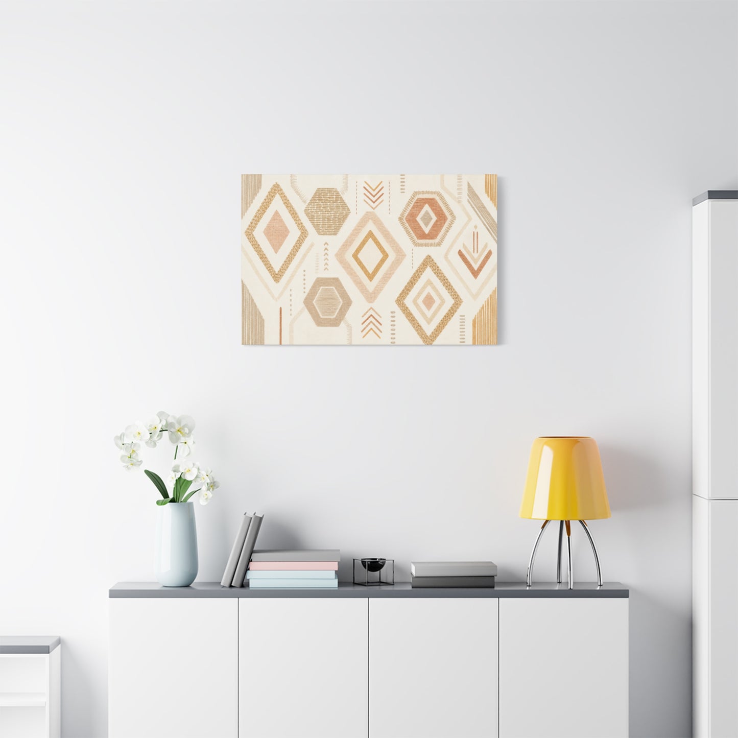 Neutral Geometric Canvas Wall Art - Boho Diamond And Hexagon Abstract Pattern - Beige Terracotta Modern Decor - Minimalist Living Room Decoration, Bedroom Accent, Contemporary Office Style
