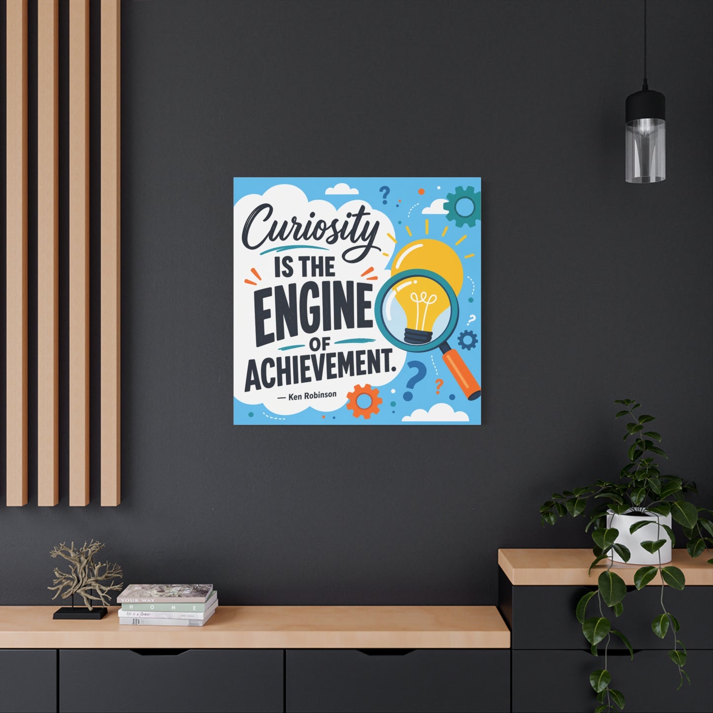 "Curiosity Is The Engine Of Achievement." Quote Canvas Wall Art - Classroom Inspirational Decor, Light Bulb Learning Poster, Teacher Office Wall Hanging, Kids Study Room Decoration - Ready to Hang