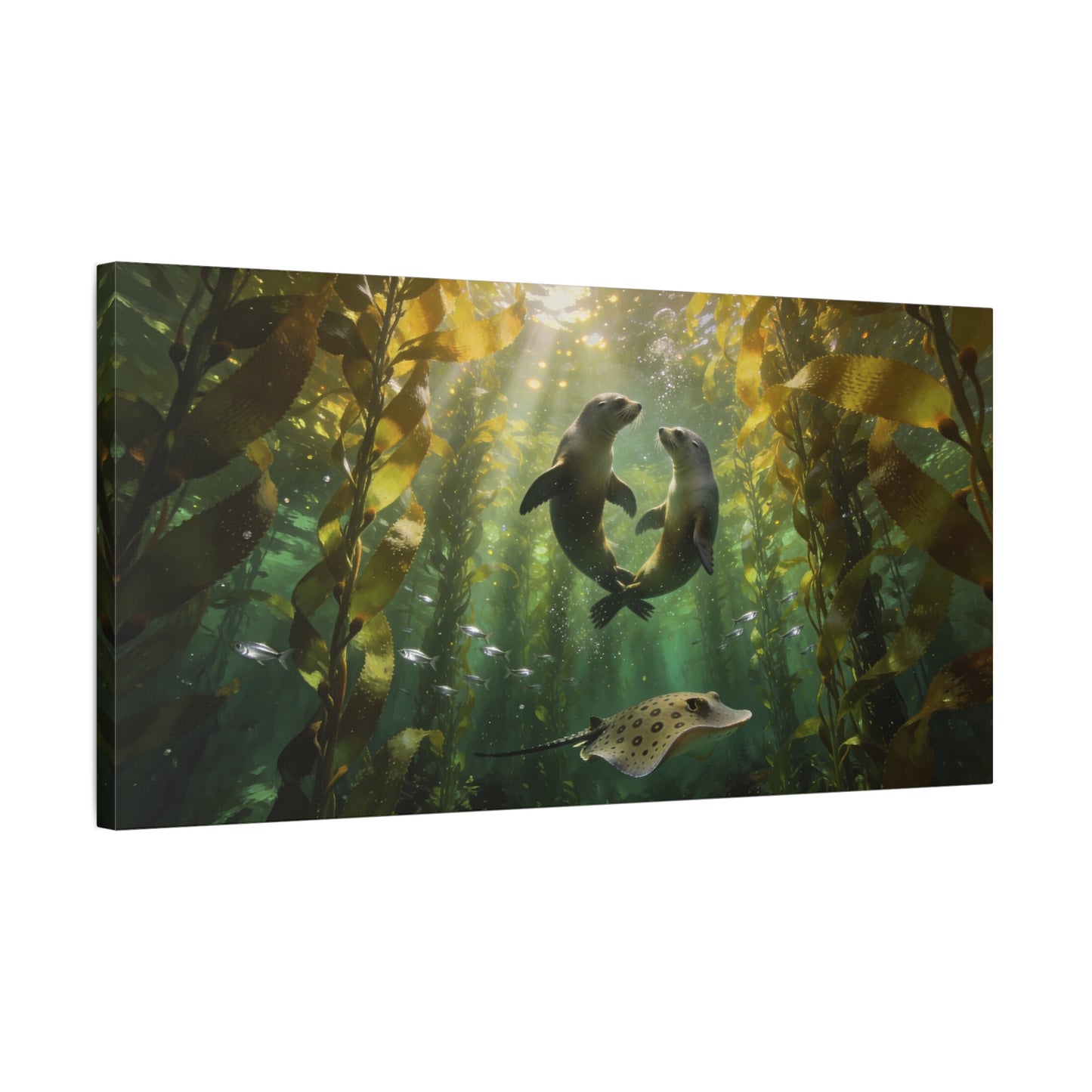 Sea Lion Kelp Forest Canvas Wall Art - Underwater Ocean Wildlife Print, Sunbeam Marine Scene, Matte Cotton Decor - Coastal Style Living Room Wall Decor, Bedroom Home Decoration - Cozy Reading Nook Art