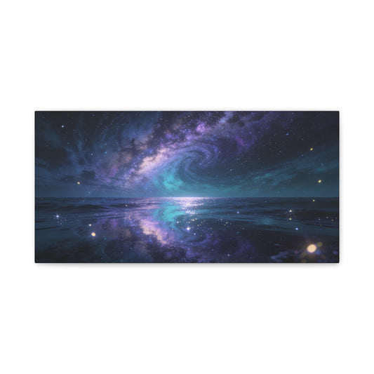Galaxy Ocean Canvas Wall Art - Swirling Milky Way Night Seascape, Celestial Horizon Reflection - Matte Cotton Art Print - Contemporary Space Decor For Living Room Bedroom Office - Ready to Hang