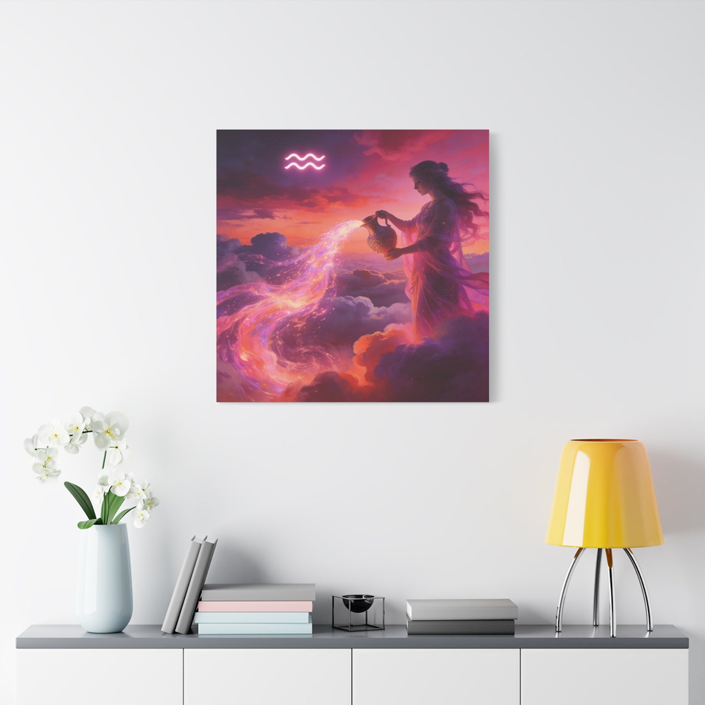 Aquarius Goddess Canvas Wall Art - Zodiac Woman Pouring Celestial Water, Fantasy Sky Illustration - Pink Purple Matte Canvas Print - Bedroom Wall Decor, Bohemian Home Accent - Bedroom Home Decoration