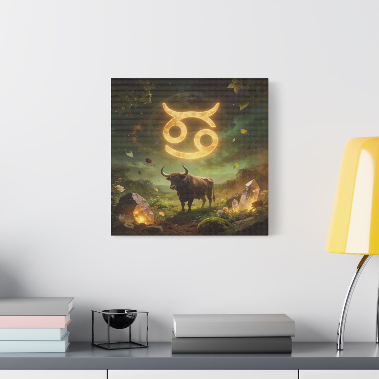 Cancer Zodiac Canvas Wall Art - Glowing Astrology Symbol, Bull And Crystal Fantasy Scene - Celestial Green Gold Illustration - Bedroom Home Decoration, Meditation Space Accent - Living Room Wall Decor