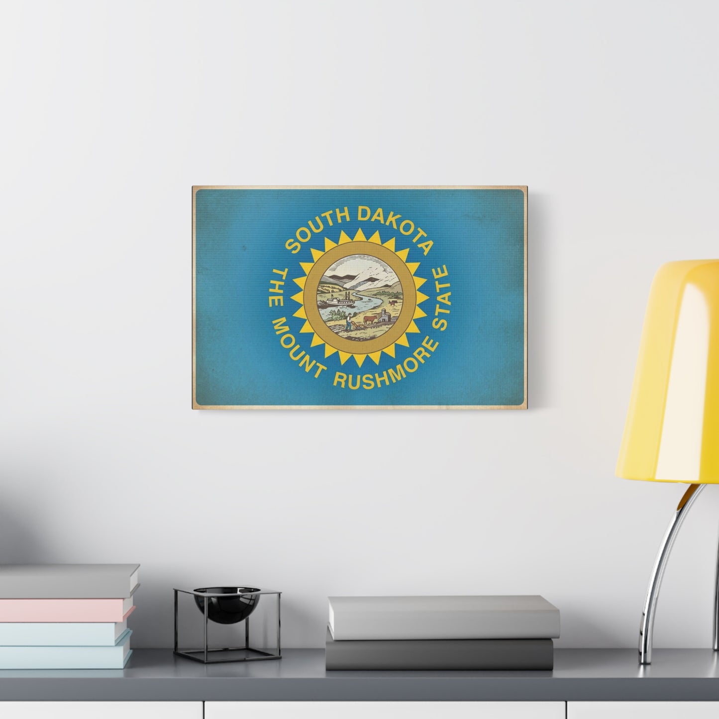 "South Dakota The Mount Rushmore State" Flag Canvas Wall Art - Vintage State Pride Decor, Blue Banner Print, Rustic Americana Style, Living Room Wall Decor, Office Art - Bedroom Home Decoration