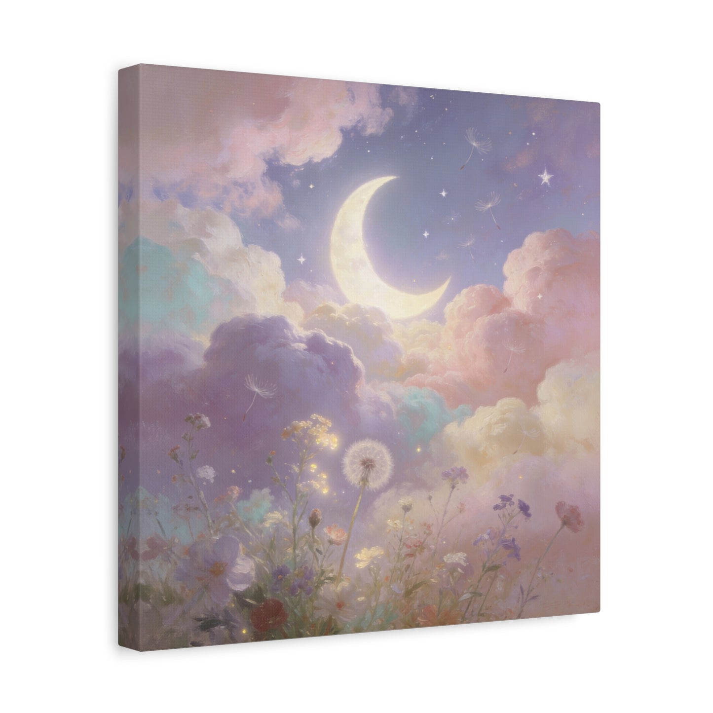 Crescent Moon Canvas Art Print - Dreamy Pastel Clouds, Dandelion Sky, Celestial Floral Scene - Cotton Matte Artwork - Lavender Nursery Accent, Bedroom Decoration, Meditation Space Decor