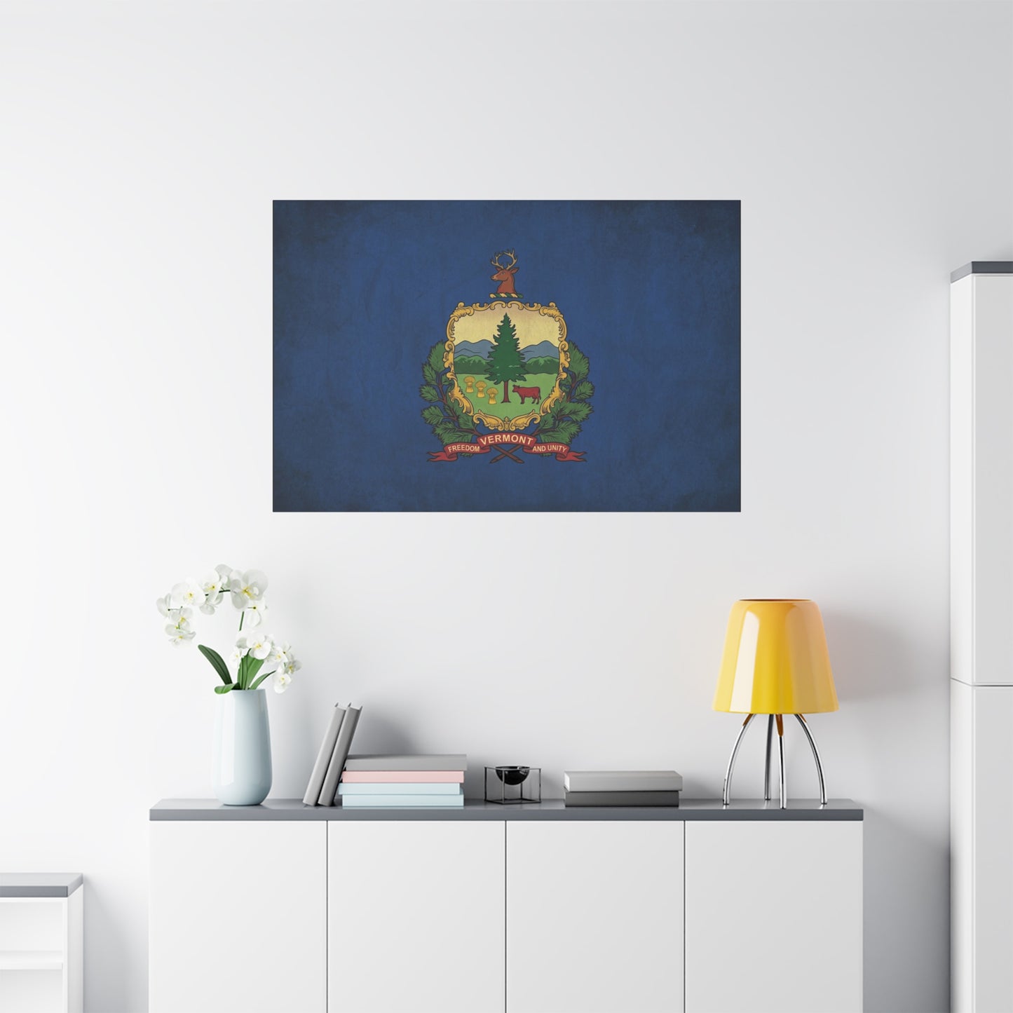 "VERMONT" State Flag Canvas Wall Art - Freedom And Unity Deer Crest Print - Vintage Blue Banner, Rustic Americana Style - Living Room Wall Decor, Office Decoration - Ready to Hang - Ready to Hang