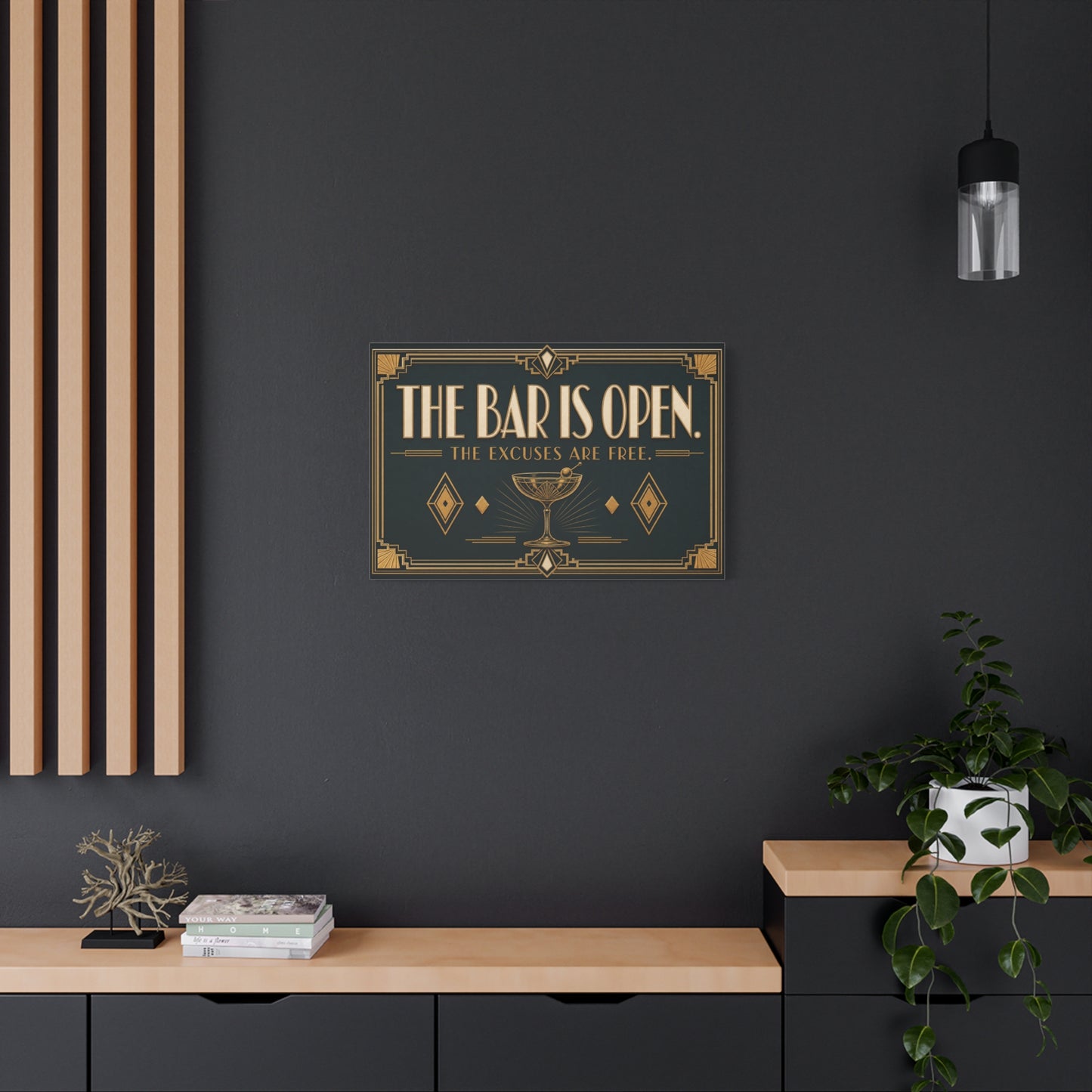 "The Bar Is Open. The Excuses Are Free." Art Deco Canvas Wall Art - Cocktail Lounge Quote Print, Vintage Bar Cart Decor, Speakeasy Style - Ready to Hang - Tavern Wall Decor - Speakeasy Style Sign