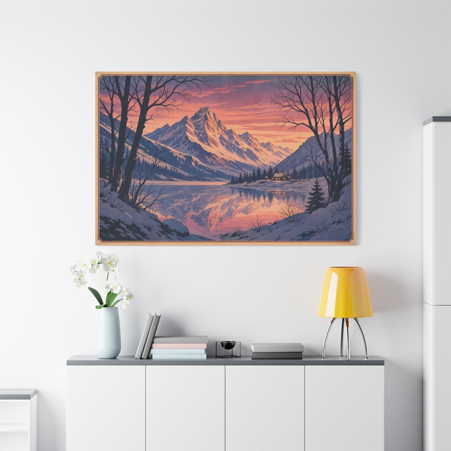Snowy Mountain Lake Canvas Wall Art - Alpine Sunset Reflection Landscape Print, Rustic Winter Home Decor, Matte Finish Scenic Artwork For Living Room, Bedroom, Cabin Retreat - Living Room Wall Decor