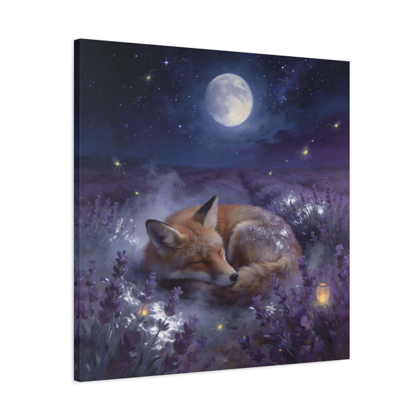 Sleeping Red Fox Canvas Wall Art - Moonlit Lavender Field, Fireflies, Starry Night Sky - Dreamy Woodland Animal Print - Matte Finish Canvas - Bedroom Wall Decor, Nursery Accent - Cozy Reading Nook Art