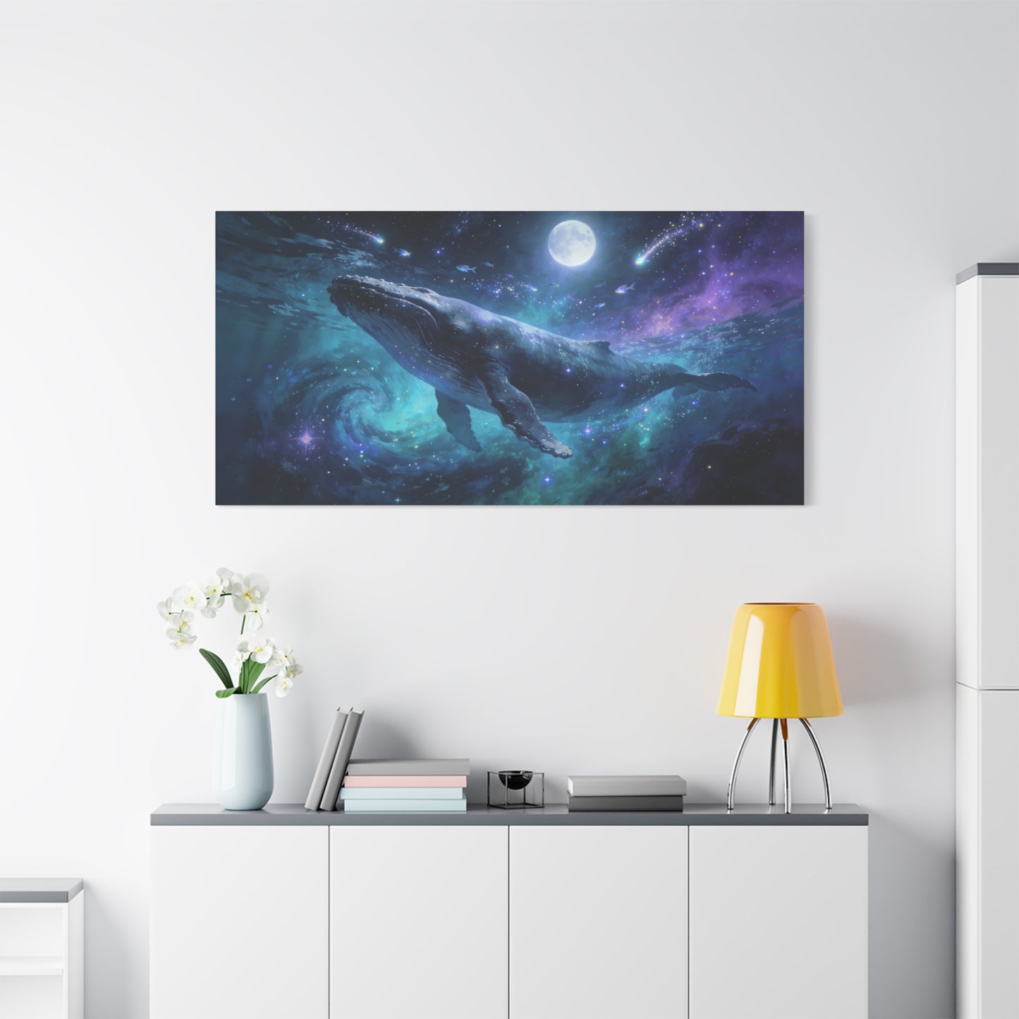 Humpback Whale Canvas Wall Art - Celestial Ocean Galaxy Painting, Moonlit Space Seascape Print - Matte Cotton Canvas - Contemporary Fantasy Style - Living Room Wall Decor - Bedroom Home Decoration