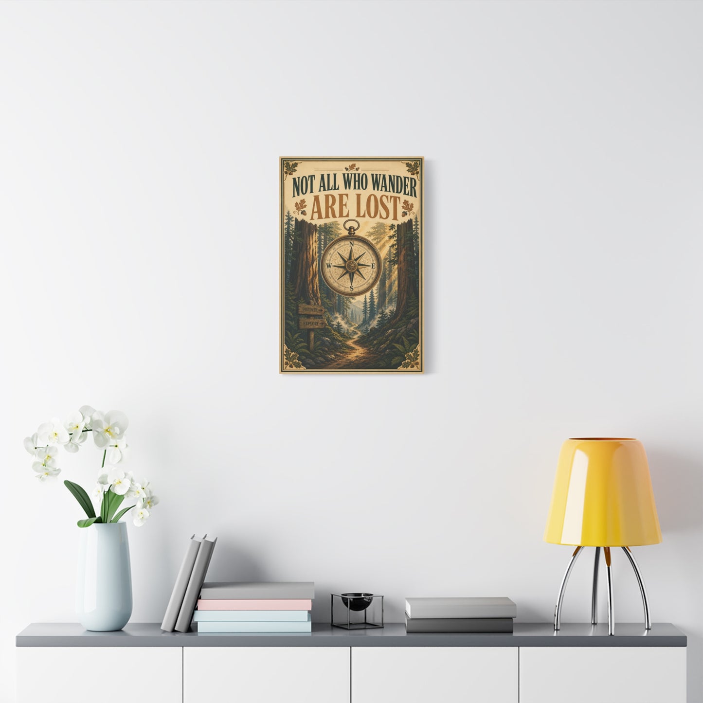 "Not All Who Wander Are Lost" Canvas Wall Art - Forest Compass Quote Print, Vintage Rustic Adventure Decor, Wanderlust Typography Poster Style, Living Room Bedroom Office - Living Room Wall Decor