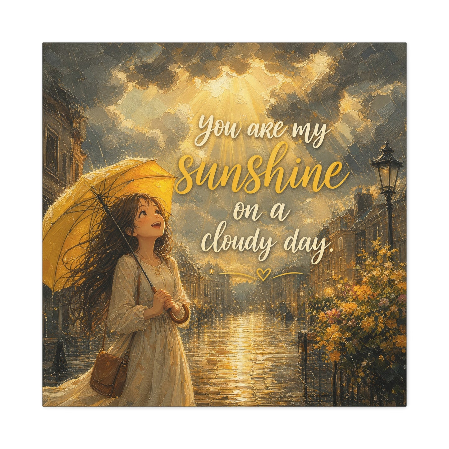 "You Are My Sunshine On A Cloudy Day" Canvas Wall Art - Girl With Yellow Umbrella Quote Print - Golden Rainy Street Painting, Inspirational Decor - Bedroom Home Decoration - Living Room Wall Decor