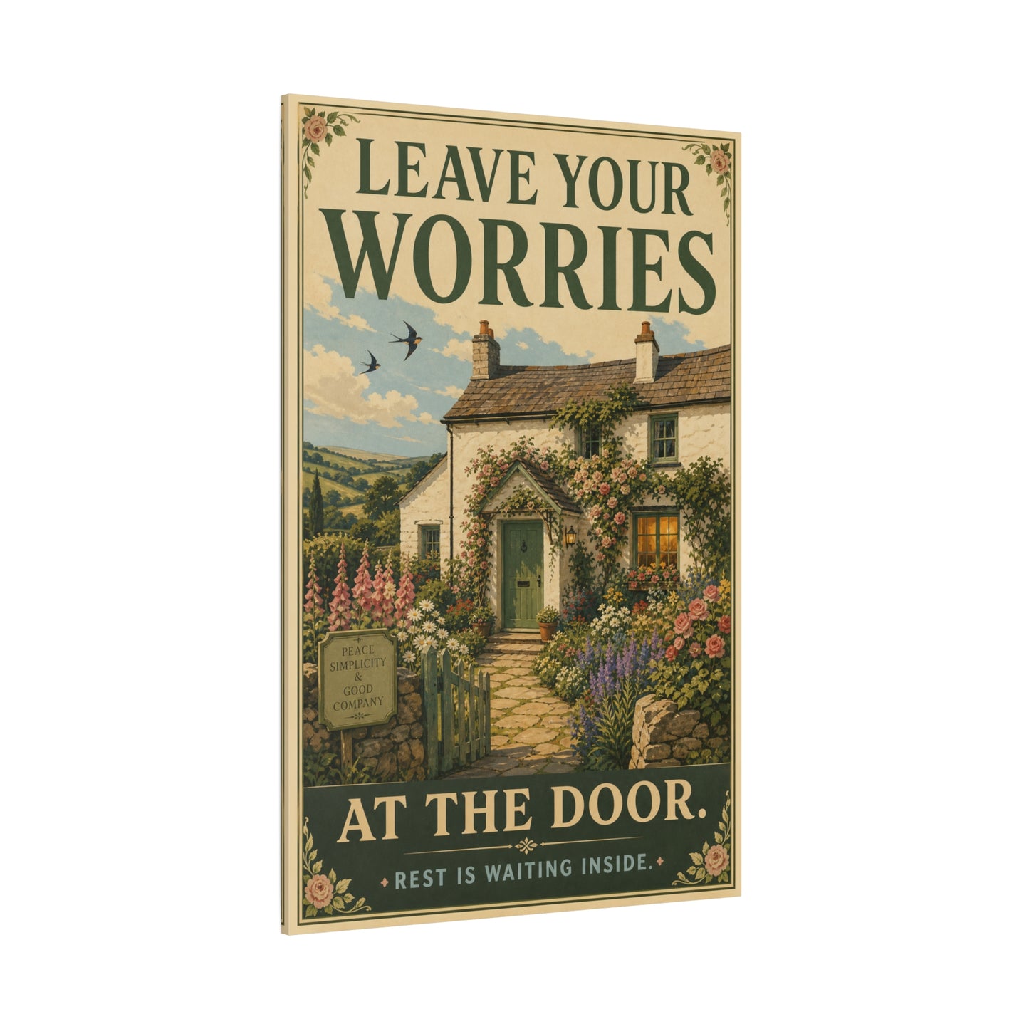 "Leave Your Worries At The Door. Rest Is Waiting Inside." Canvas Wall Art - Vintage Cottage Garden Quote Print, Floral Farmhouse Style, Bedroom Home Decoration, Entryway Decor - Living Room Wall Decor