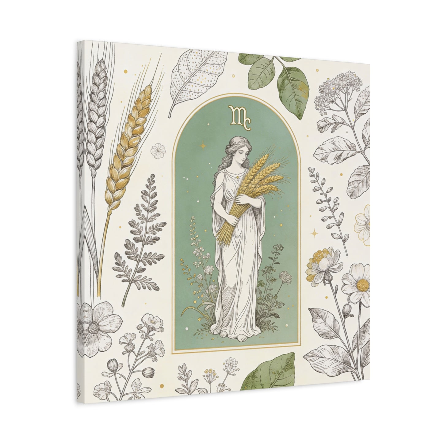 Virgo Zodiac Canvas Wall Art - Botanical Maiden Holding Wheat, Celestial Illustration - Sage Green Gold Cotton Print - Vintage Astrology Decor, Bedroom Wall Hanging Accent - Bedroom Home Decoration