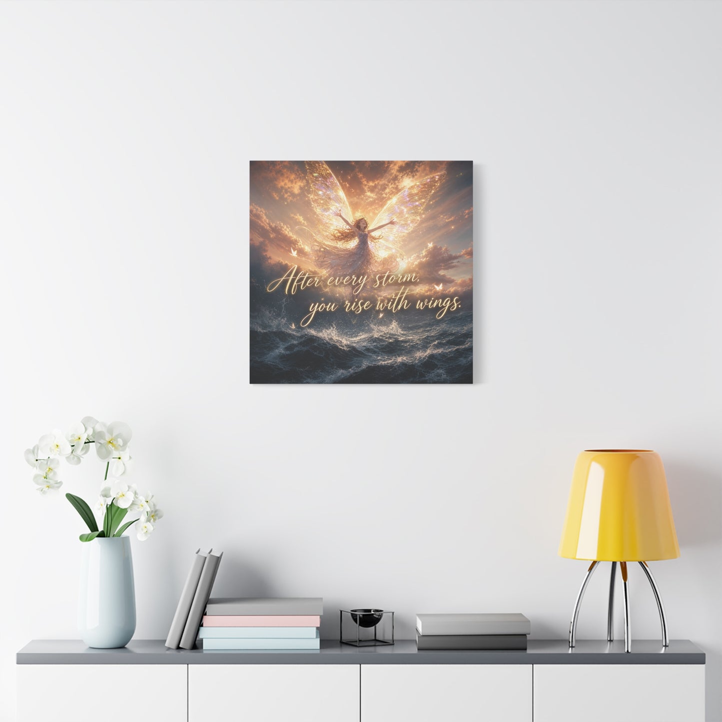 "After Every Storm, You Rise With Wings." Fairy Canvas Wall Art - Inspirational Ocean Sky Quote Print - Golden Ethereal Fantasy Decor - Bedroom Wall Hanging, Living Room Accent - Ready to Hang